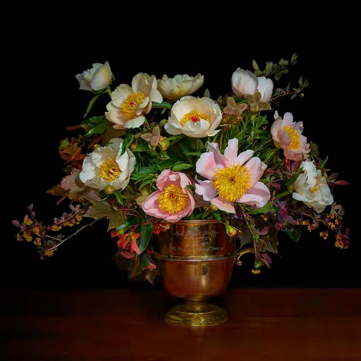 Red Maple and Peony Seed Pods in a Historic Brass Cup